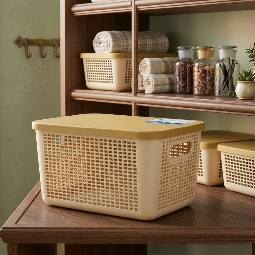 Aroni Deluxe Plastic Storage Basket with Lid – Multipurpose Household Organizer