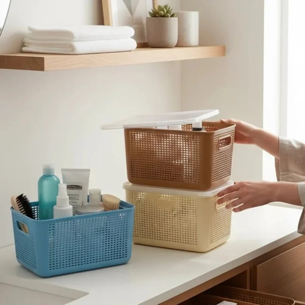 Aroni Deluxe Plastic Storage Basket with Lid – Multipurpose Household Organizer