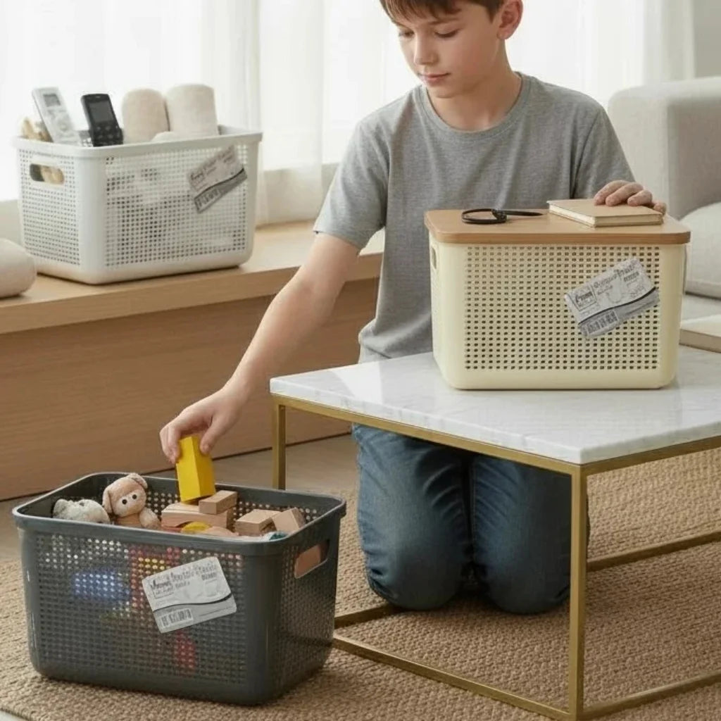 Aroni Deluxe Plastic Storage Basket with Lid – Multipurpose Household Organizer