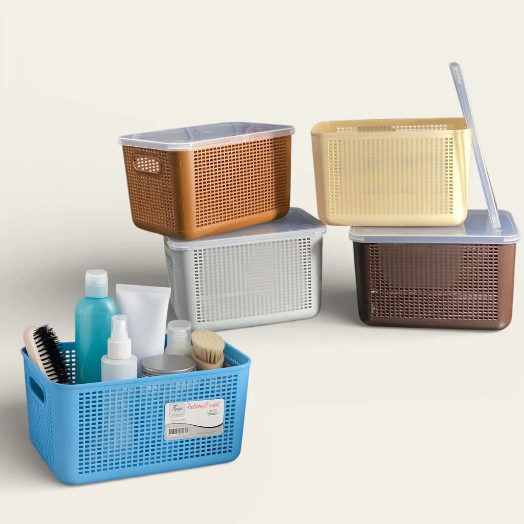 Aroni Deluxe Plastic Storage Basket with Lid – Multipurpose Household Organizer