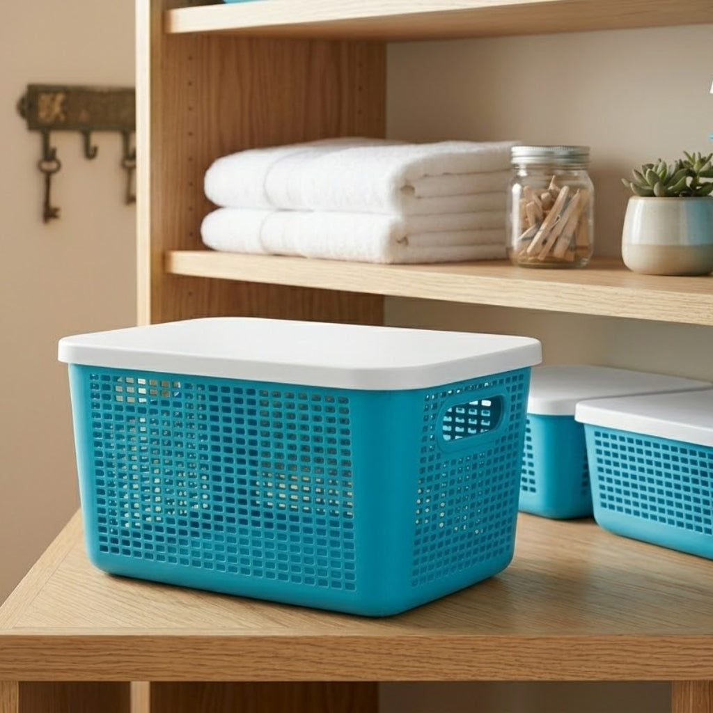 Aroni Deluxe Plastic Storage Basket with Lid – Multipurpose Household Organizer