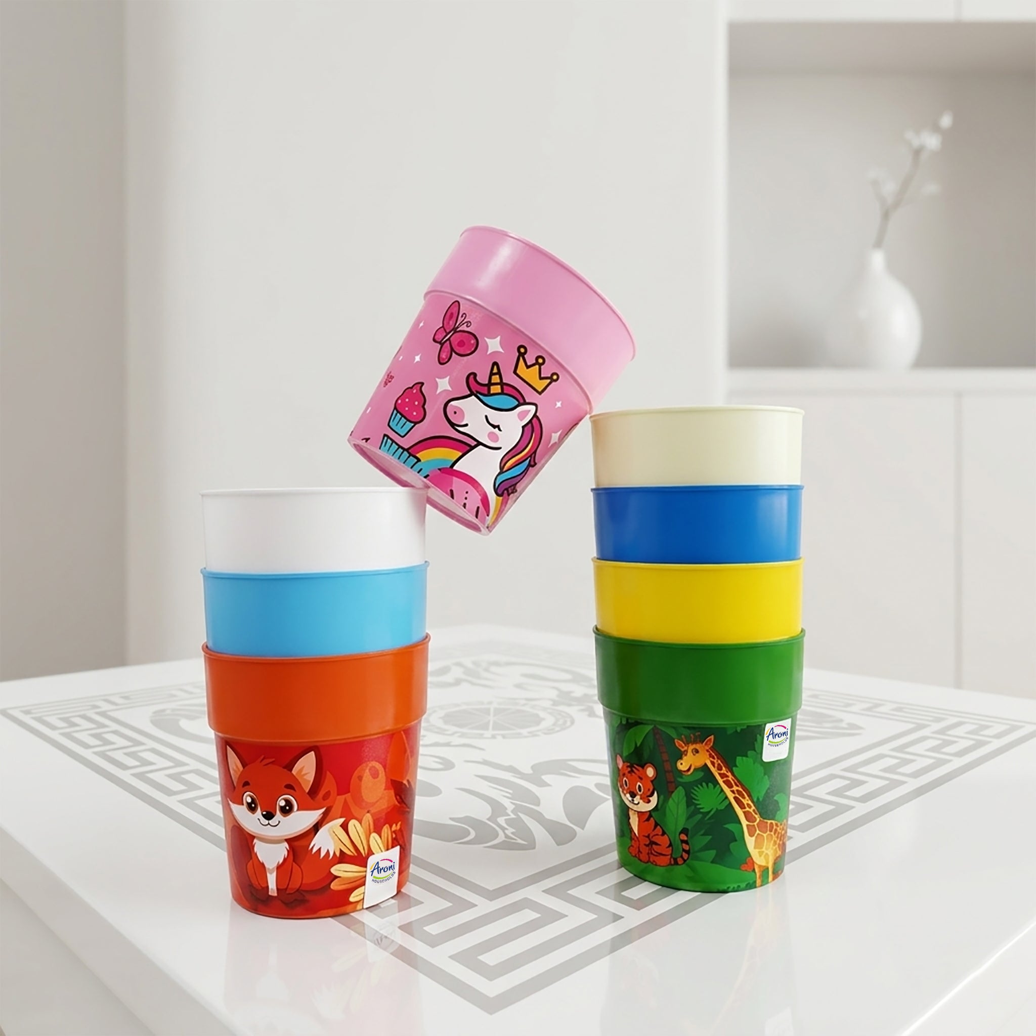 Aroni KidKo Cartoon Printed Plastic Glass Set – 4 Pcs Kids Drinking Cups (Random Colors) (AH-245)