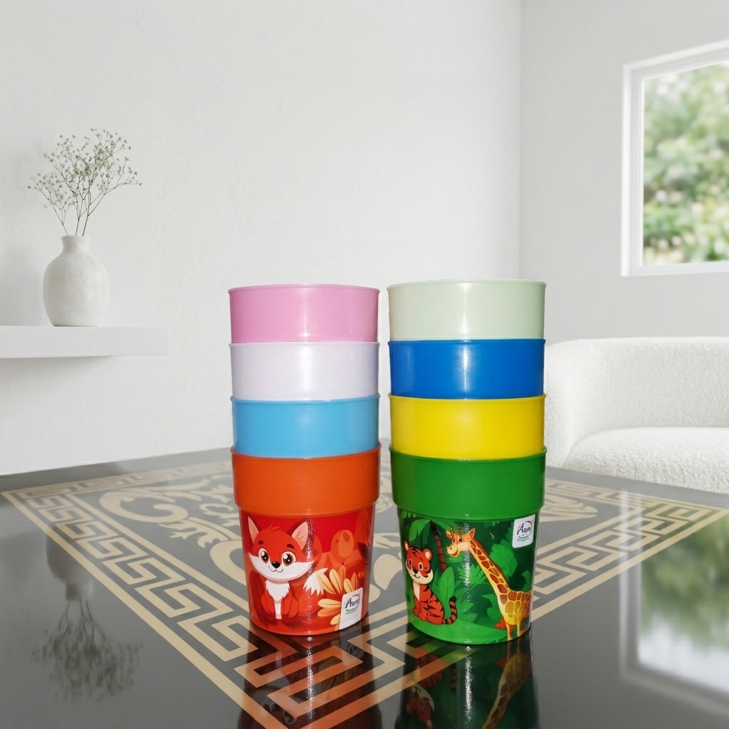 Aroni KidKo Cartoon Printed Plastic Glass Set – 4 Pcs Kids Drinking Cups (Random Colors) (AH-245)
