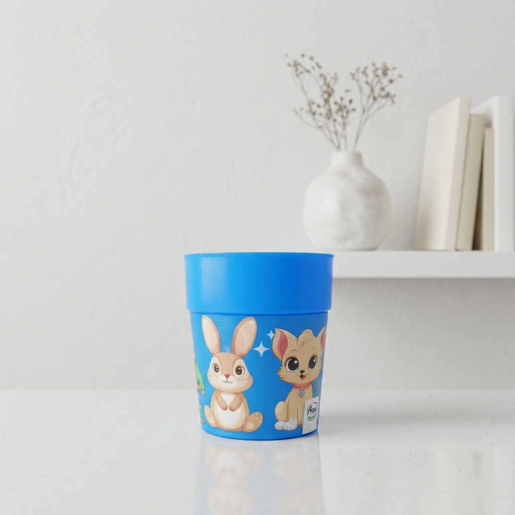 Aroni KidKo Cartoon Printed Plastic Glass Set – 4 Pcs Kids Drinking Cups (Random Colors) (AH-245)