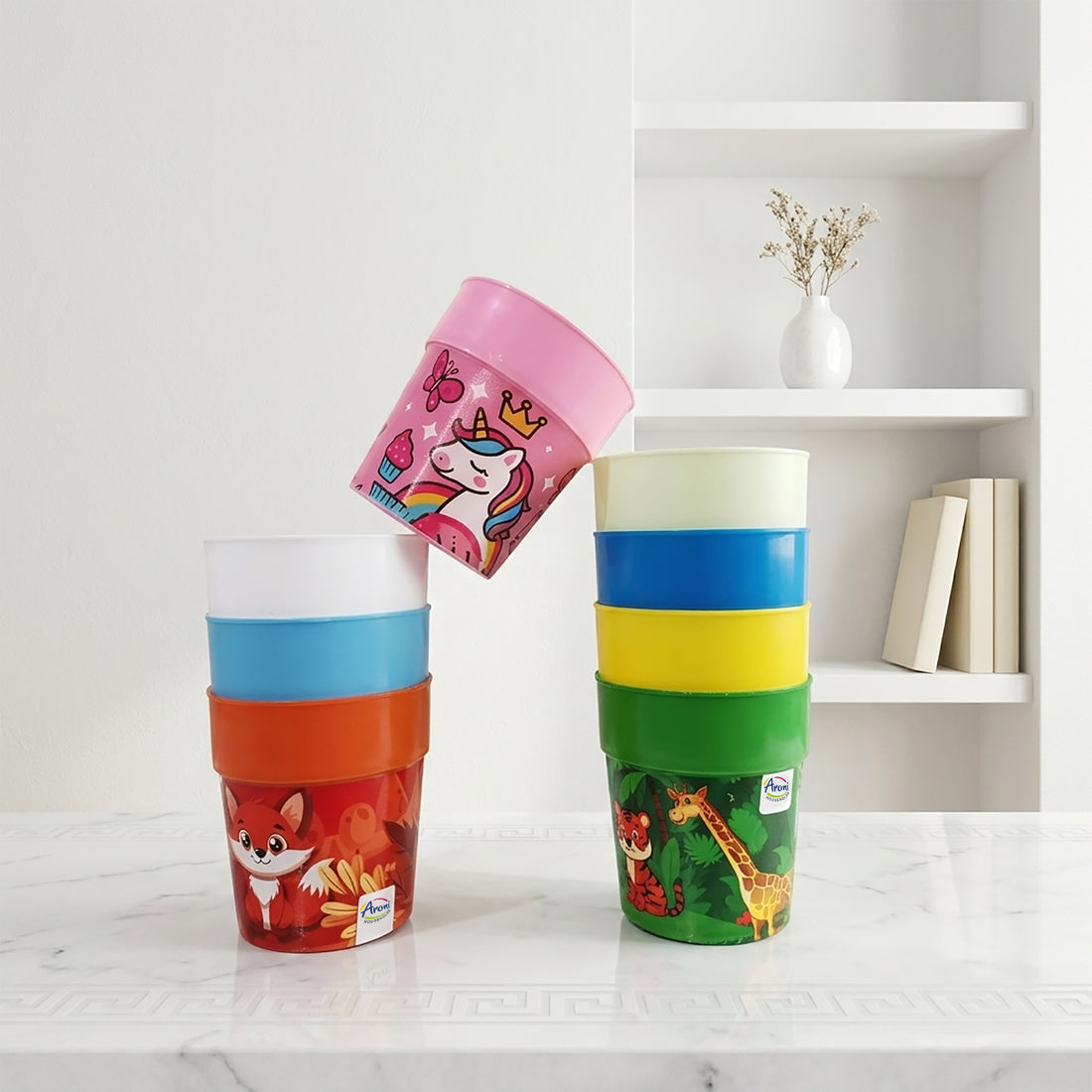 Aroni KidKo Cartoon Printed Plastic Glass Set – 4 Pcs Kids Drinking Cups (Random Colors) (AH-245)
