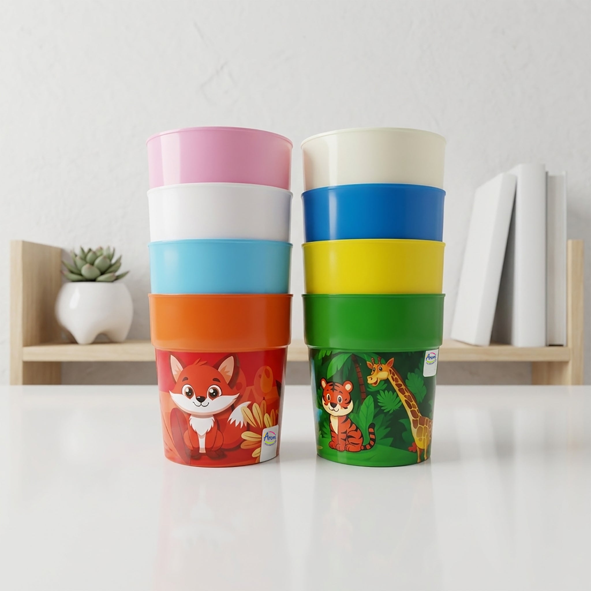 Aroni KidKo Cartoon Printed Plastic Glass Set – 4 Pcs Kids Drinking Cups (Random Colors) (AH-245)