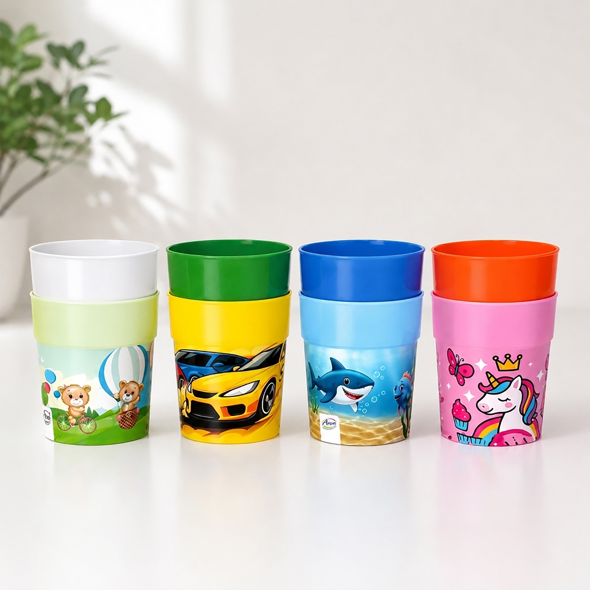 Aroni KidKo Cartoon Printed Plastic Glass Set – 4 Pcs Kids Drinking Cups (Random Colors) (AH-245)