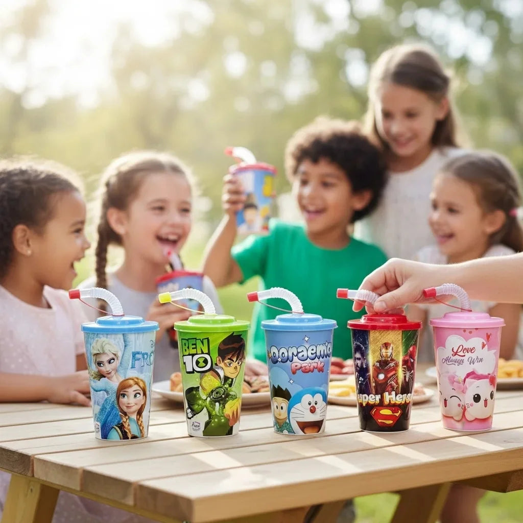 Aroni Kids Printed Active Straw Glass (Pack of 2) | Leak-Resistant School & Party Cup (AH-106)
