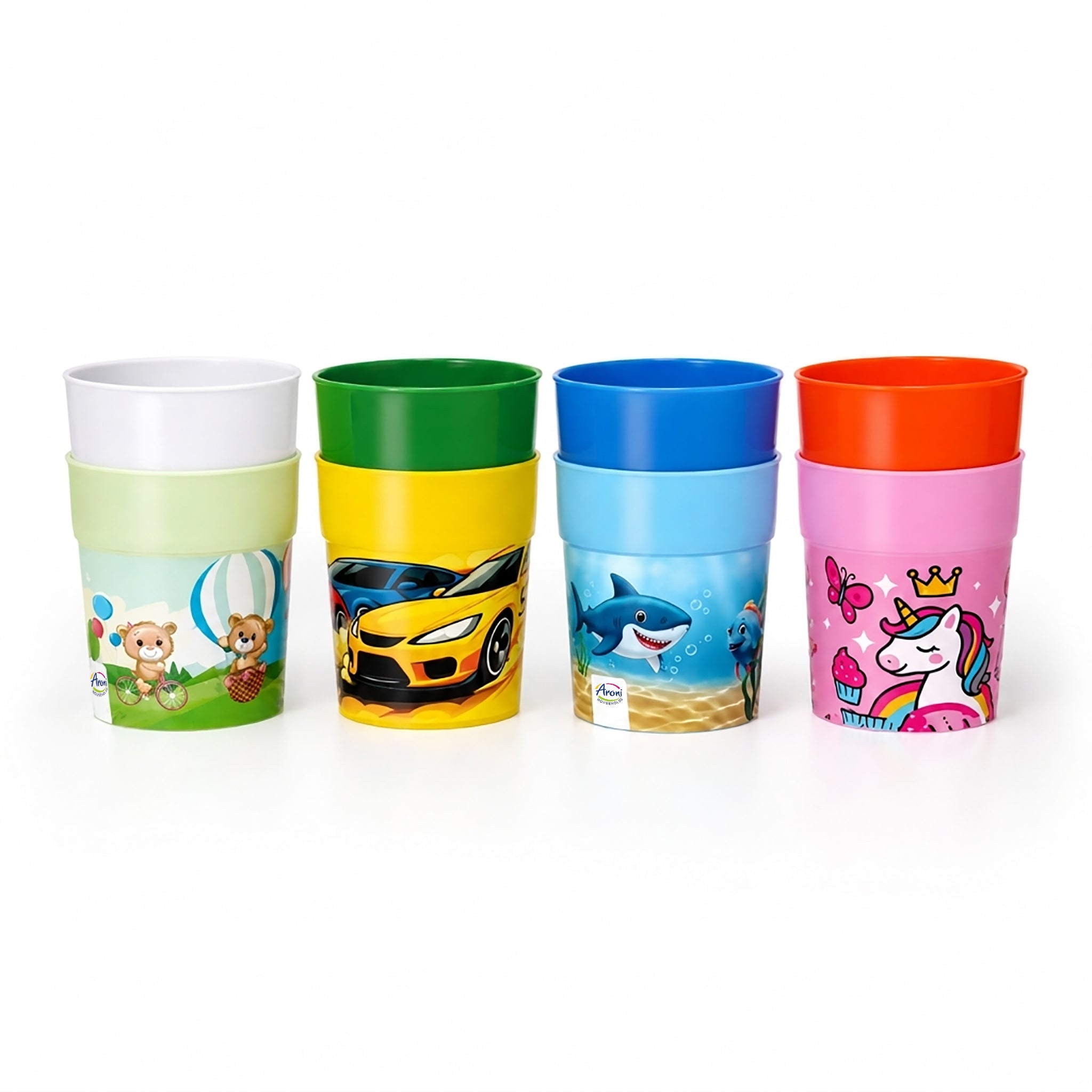 Aroni KidKo Cartoon Printed Plastic Glass Set – 4 Pcs Kids Drinking Cups (Random Colors) (AH-245)
