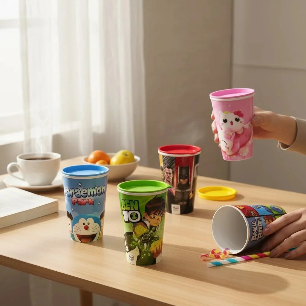 Aroni Kids Summer Glass with Lid (Pack of 2) | Colorful Printed Plastic Water Tumbler (AH-107)