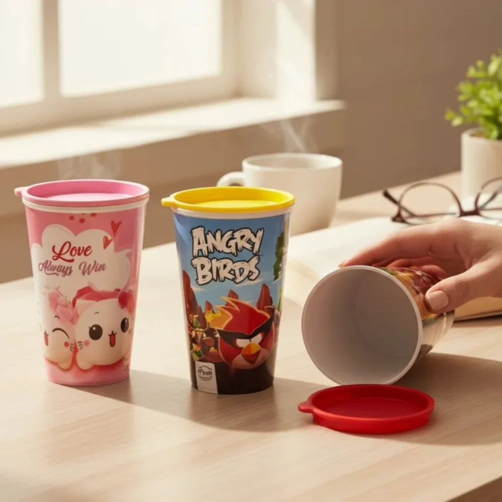 Aroni Kids Summer Glass with Lid (Pack of 2) | Colorful Printed Plastic Water Tumbler (AH-107)