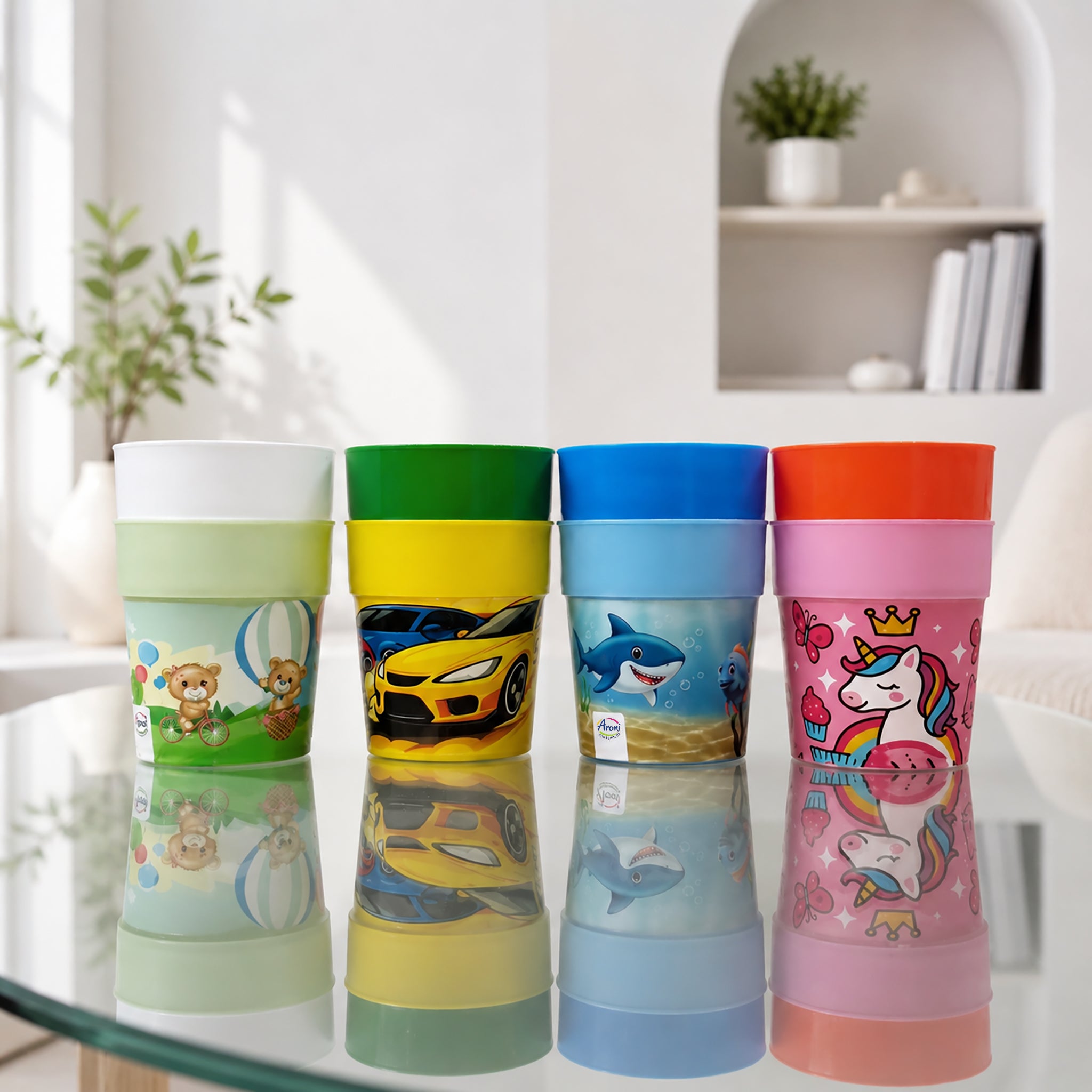 Aroni KidKo Cartoon Printed Plastic Glass Set – 4 Pcs Kids Drinking Cups (Random Colors) (AH-245)