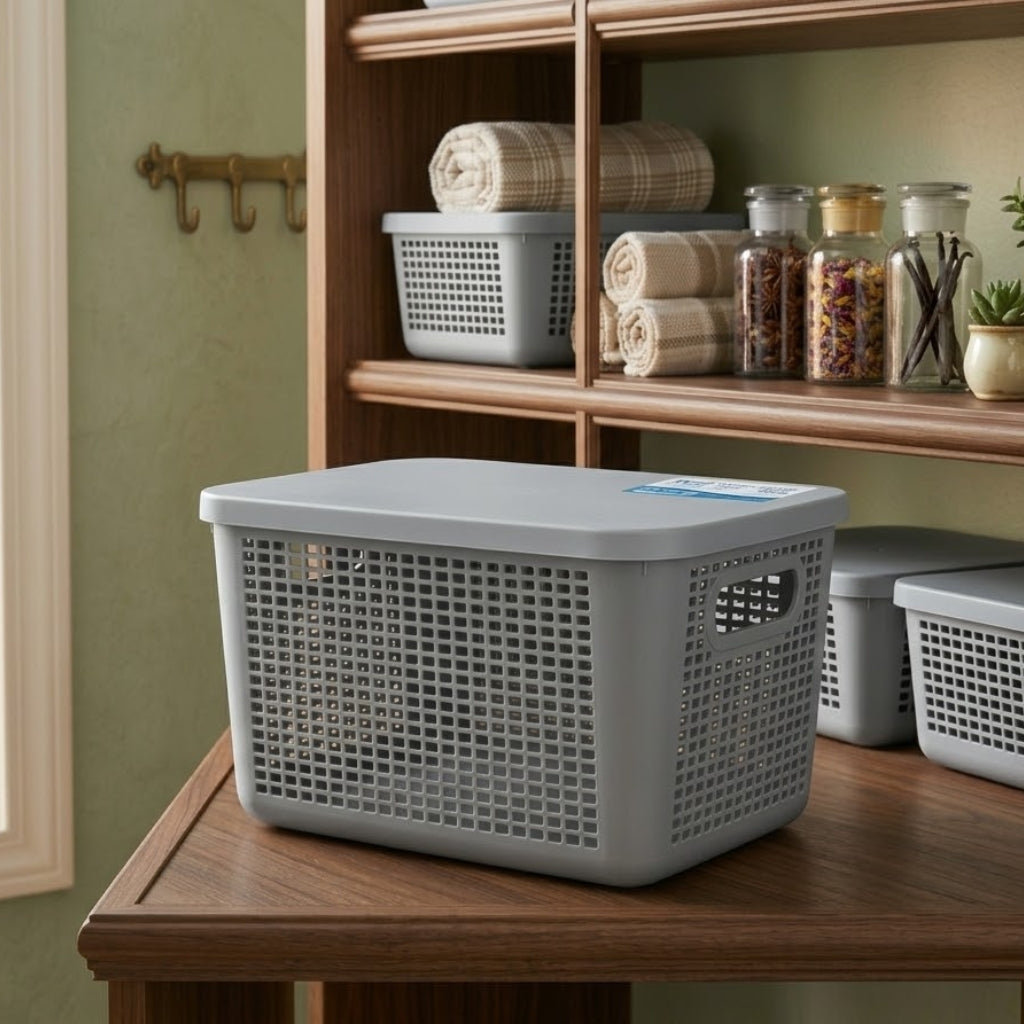 Aroni Deluxe Plastic Storage Basket with Lid – Multipurpose Household Organizer