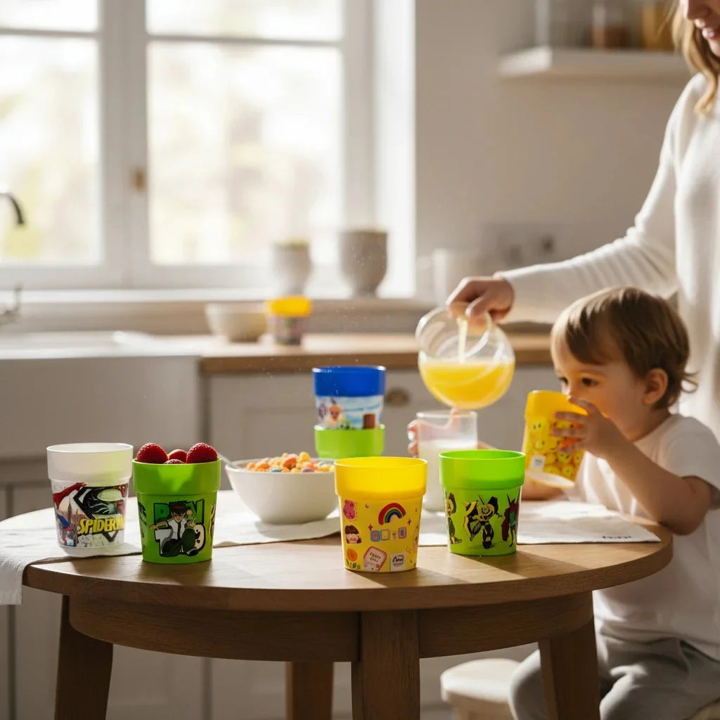 Aroni KidKo Cartoon Printed Plastic Glass Set – 4 Pcs Kids Drinking Cups (Random Colors) (AH-245)