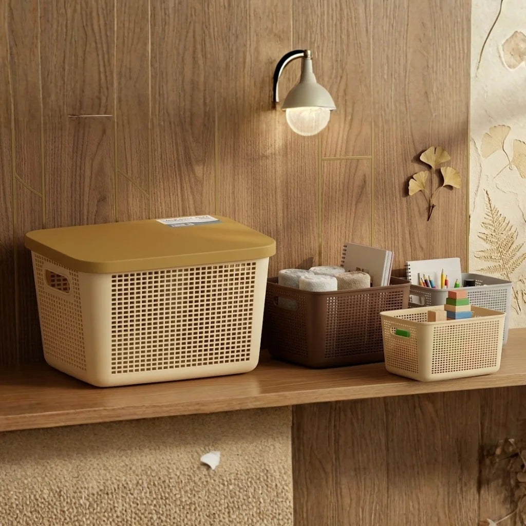 Aroni Deluxe Plastic Storage Basket with Lid – Multipurpose Household Organizer